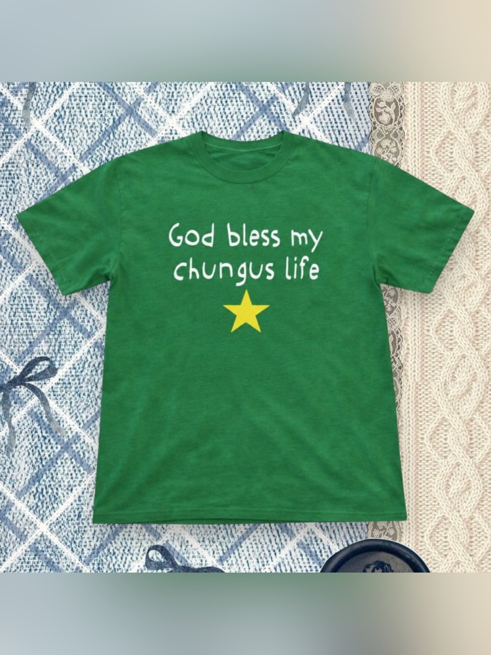 Gildan God Bless My Chungus Life Star Graphic T-Shirt Green For Unisex